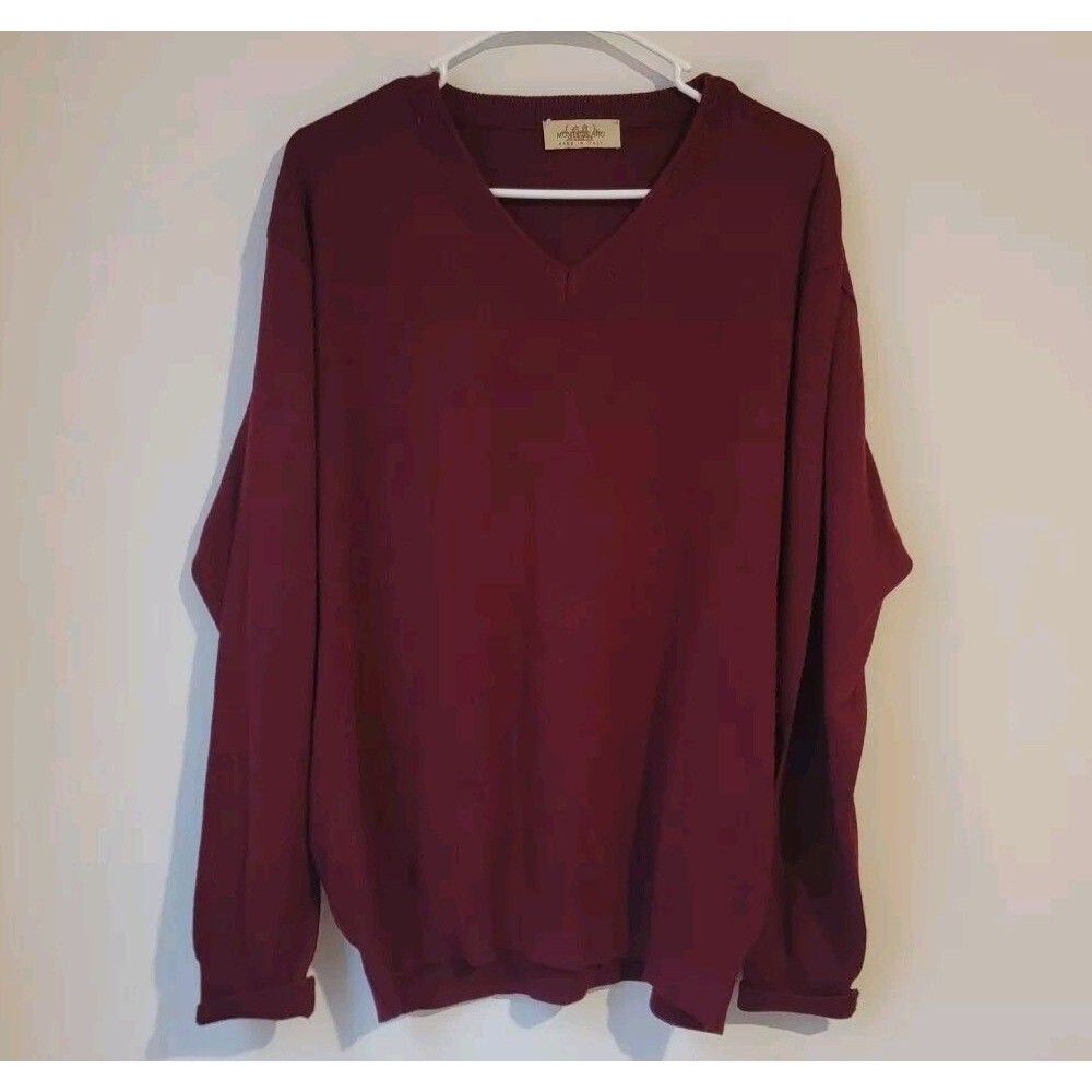 Montechiaro Mens Sweater‎ Size XL Red V Neck Wool Blend Academia Minimalist